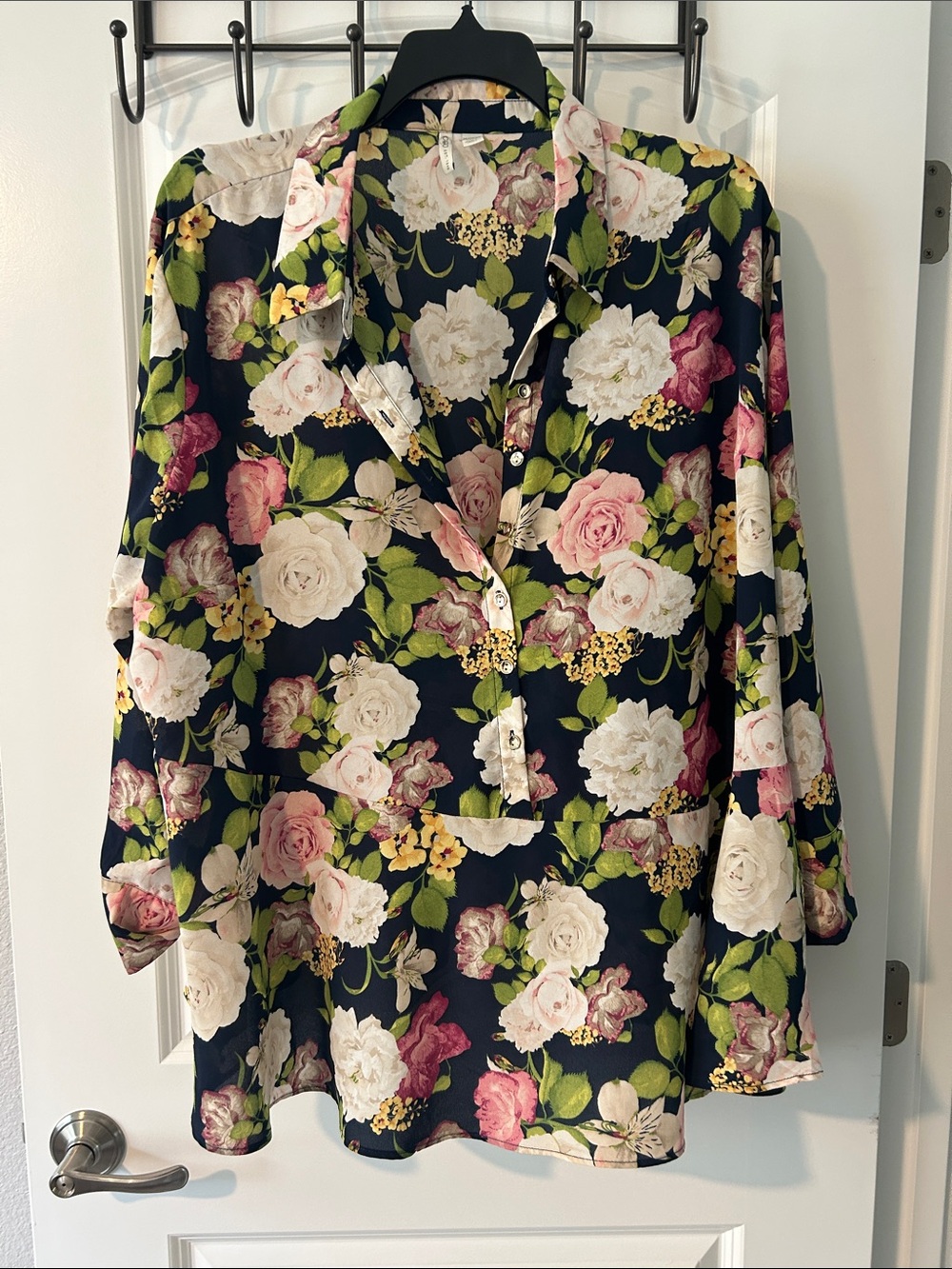 Cato Floral Button-Down Blouse - Navy with Pink, White & Green